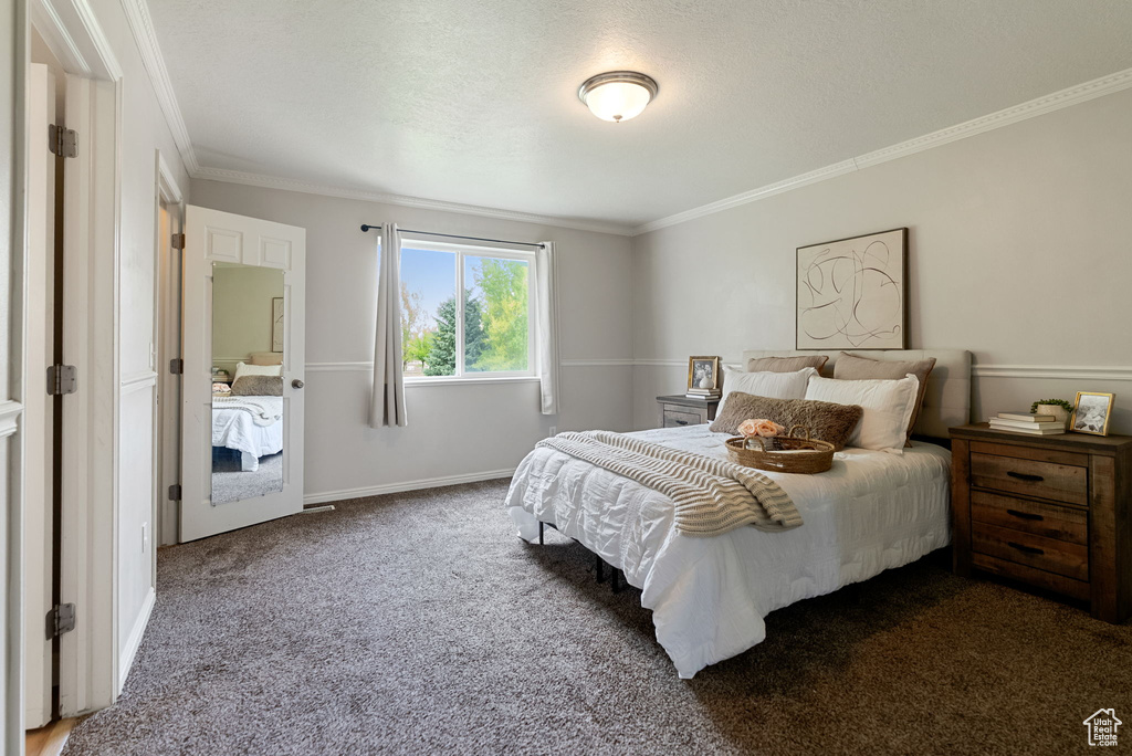 Bedroom featuring ornamental molding, carpet, and baseboards