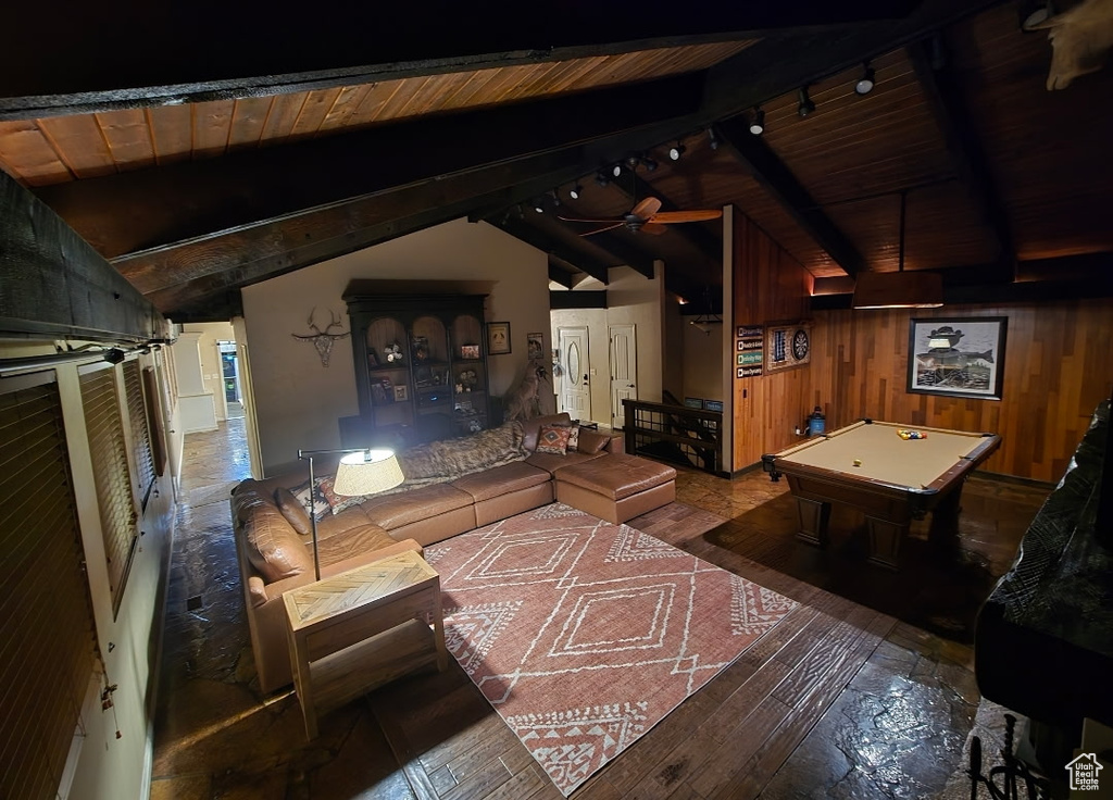 Living area with wooden ceiling, billiards, wood-type flooring, a ceiling fan, and wooden walls