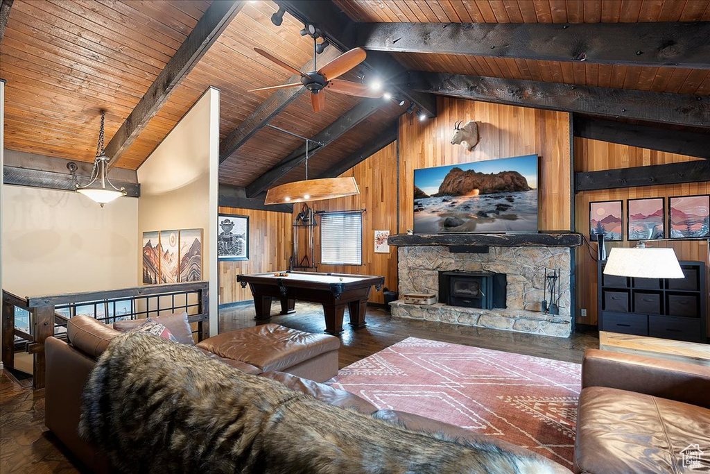 Living area featuring wooden ceiling, wooden walls, billiards, wood finished floors, and ceiling fan