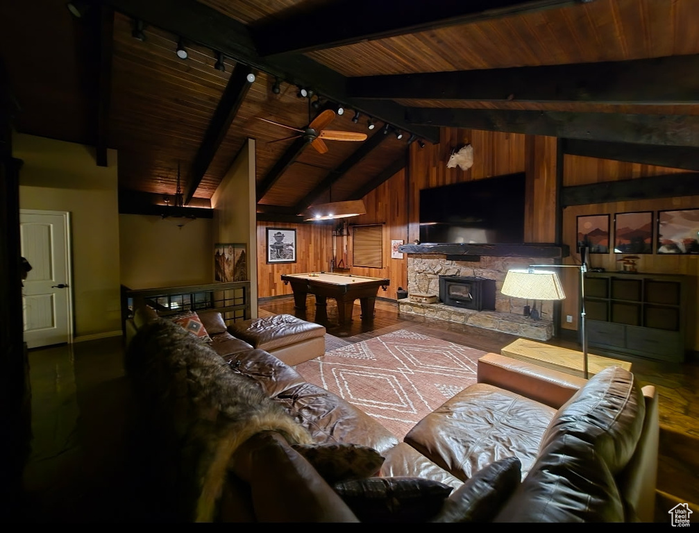 Living room featuring rail lighting, wooden walls, wooden ceiling, dark wood finished floors, and baseboards