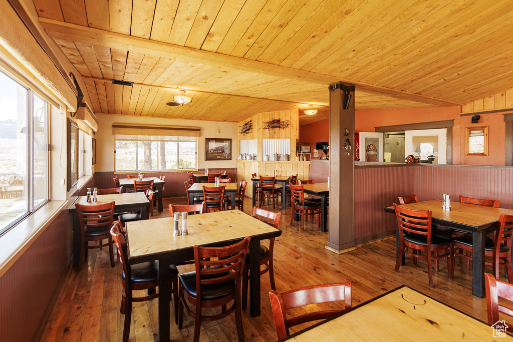 Dining area featuring wood ceiling and wood-type flooring