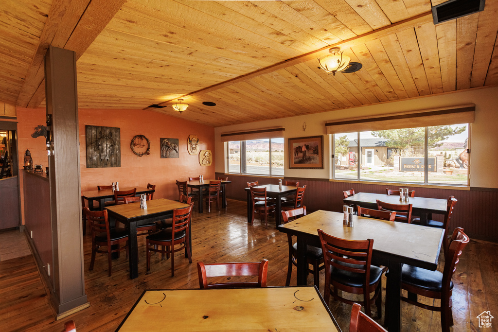 Dining space with wood-type flooring, lofted ceiling, wood ceiling, and a wainscoted wall