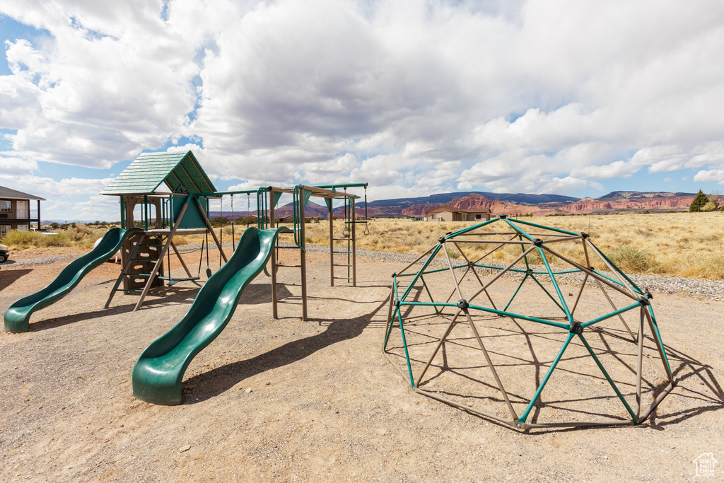 Community play area with a mountain view