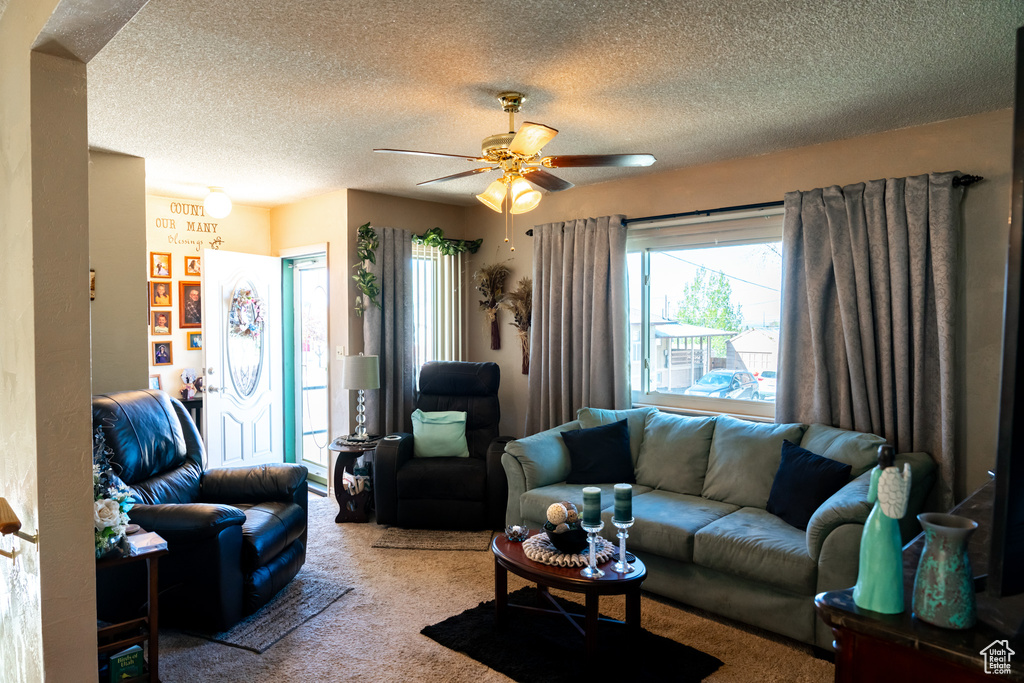 Carpeted living room with a ceiling fan and a textured ceiling