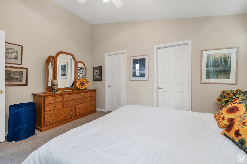 Bedroom with carpet floors and ceiling fan