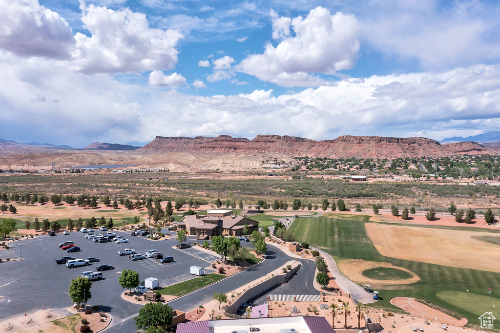 Aerial view of mountains and a golf club