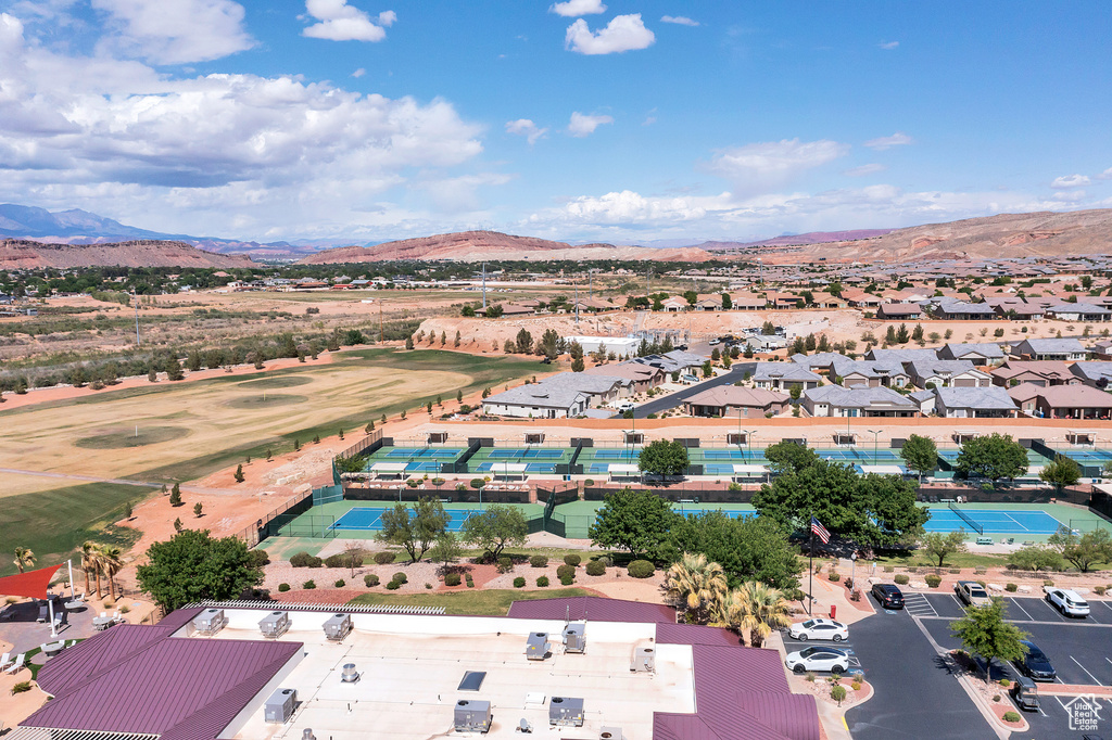 Drone / aerial view of a mountainous background