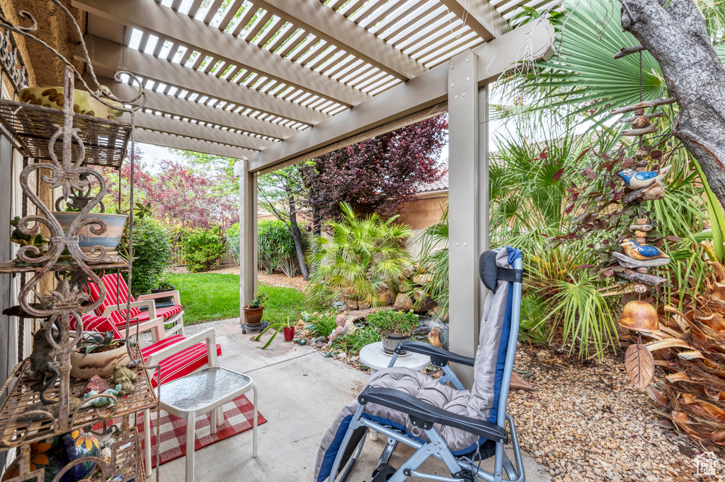 View of patio featuring a pergola and a fenced backyard