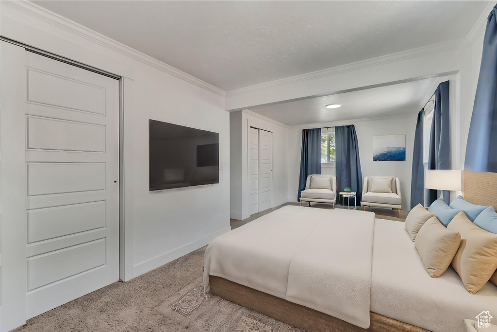Bedroom featuring carpet floors, ornamental molding, baseboards, and a closet