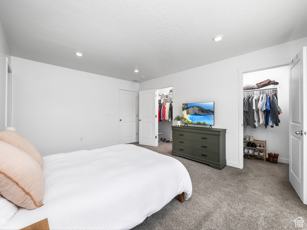 Carpeted bedroom featuring a spacious closet, recessed lighting, and baseboards