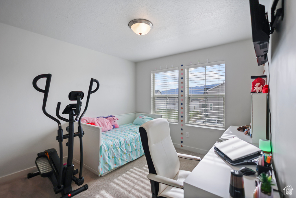 Bedroom with carpet floors, baseboards, and a textured ceiling