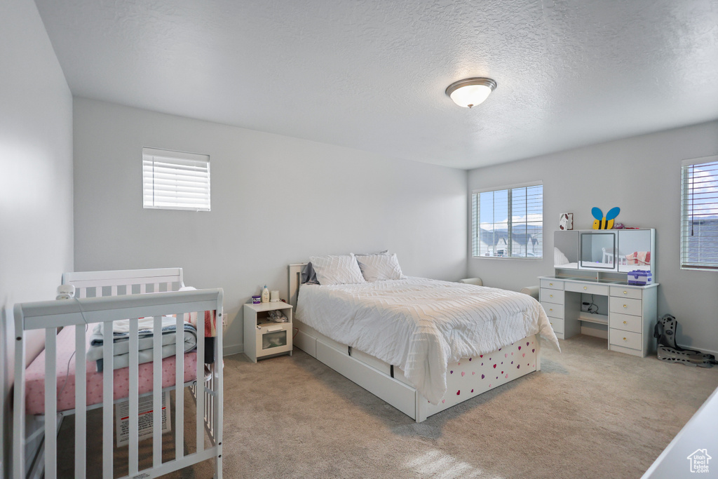 Bedroom with multiple windows, carpet, and a textured ceiling