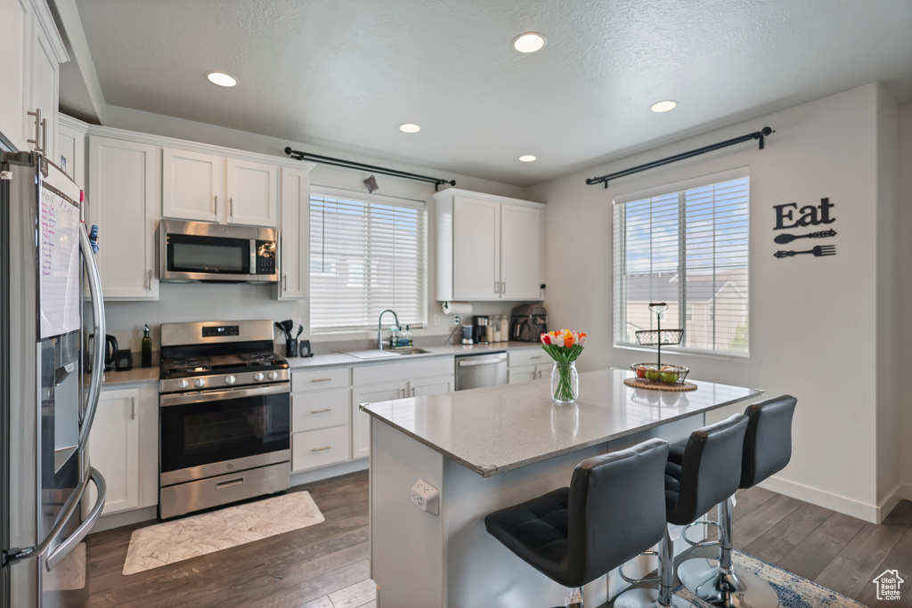 Kitchen with stainless steel appliances, a sink, healthy amount of natural light, a kitchen bar, and recessed lighting