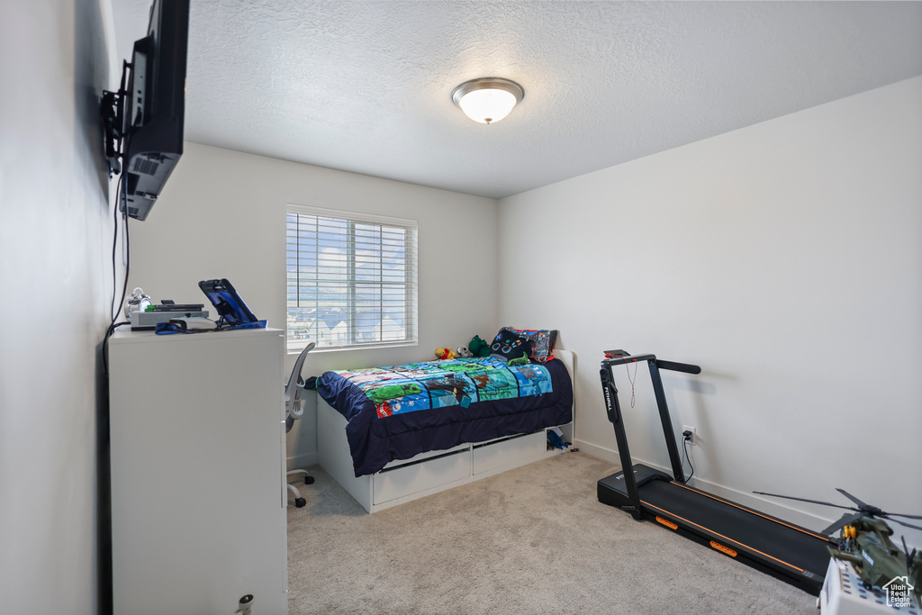 Carpeted bedroom featuring a textured ceiling