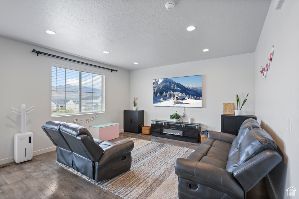 Living room with wood finished floors, recessed lighting, a textured ceiling, and baseboards