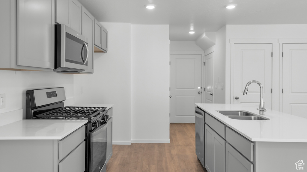 Kitchen with stainless steel appliances, gray cabinets, a sink, light wood-style floors, and recessed lighting