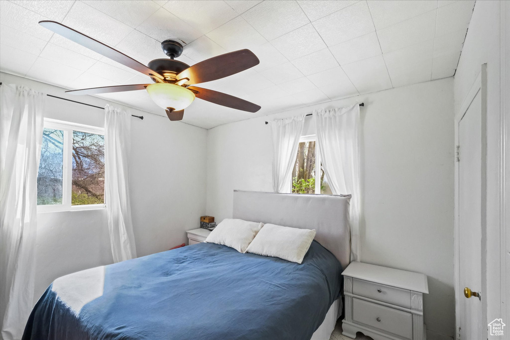 Bedroom with multiple windows and ceiling fan