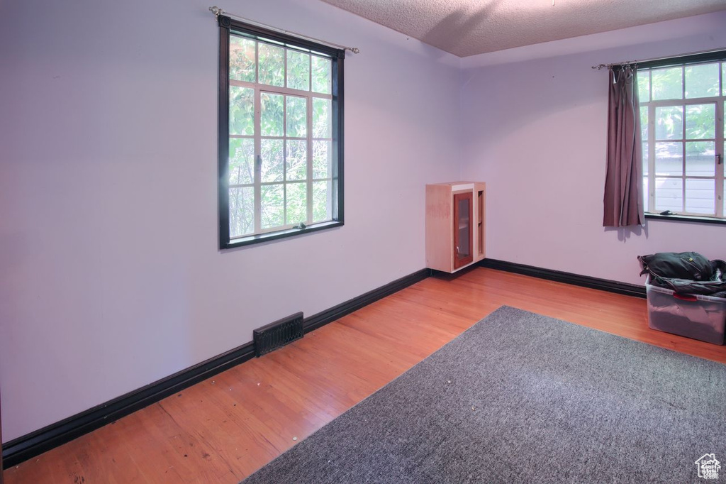 Spare room featuring wood finished floors, plenty of natural light, baseboards, and a textured ceiling