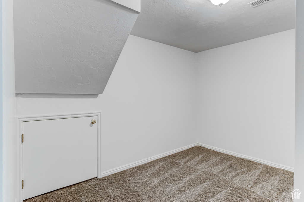 Bonus room with carpet, a textured ceiling, baseboards, and vaulted ceiling
