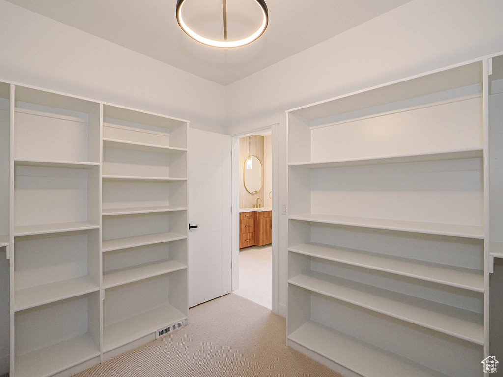 Walk in closet with carpet and a sink