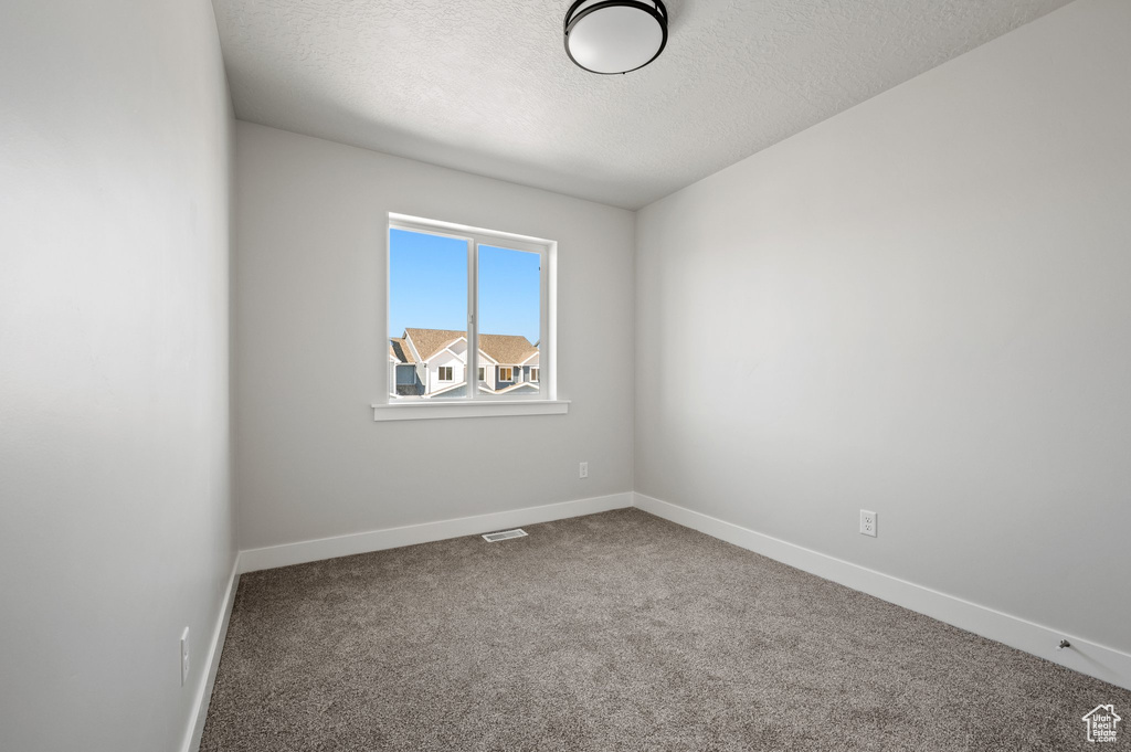 Carpeted empty room with a textured ceiling and baseboards