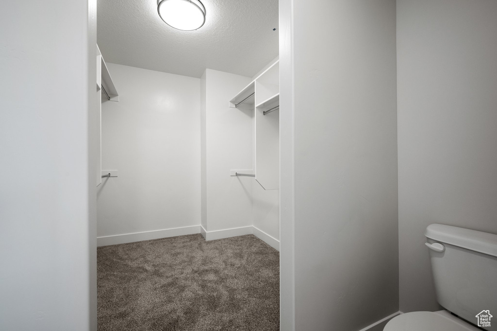Bathroom with toilet, baseboards, and a textured ceiling