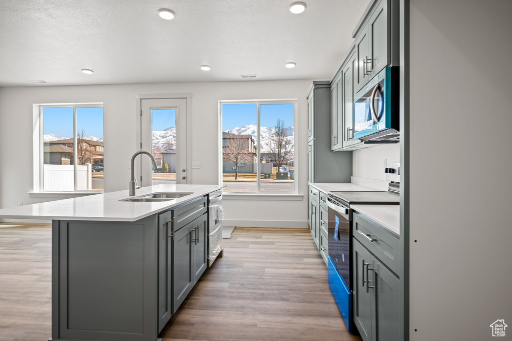 Kitchen featuring a sink, stainless steel microwave, electric range, gray cabinets, and light countertops