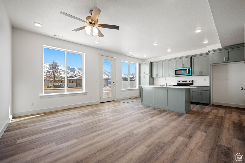 Kitchen with appliances with stainless steel finishes, healthy amount of natural light, light wood-style flooring, recessed lighting, and light countertops