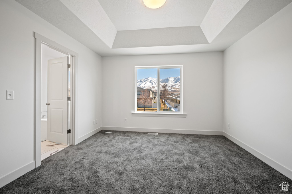 Unfurnished room featuring carpet, a tray ceiling, and baseboards