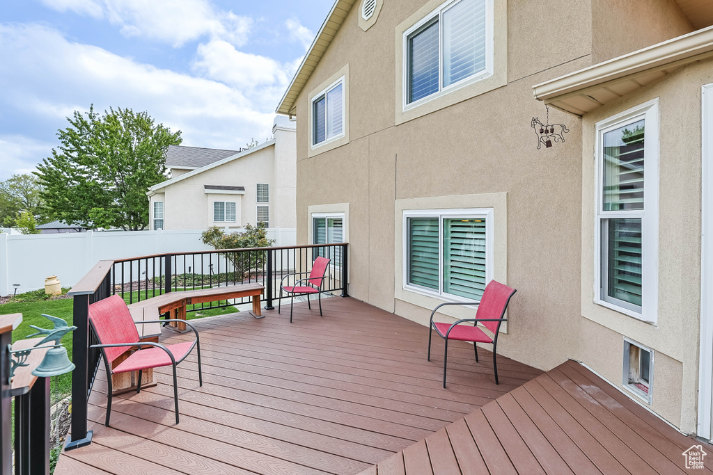 Wooden terrace with a fenced backyard
