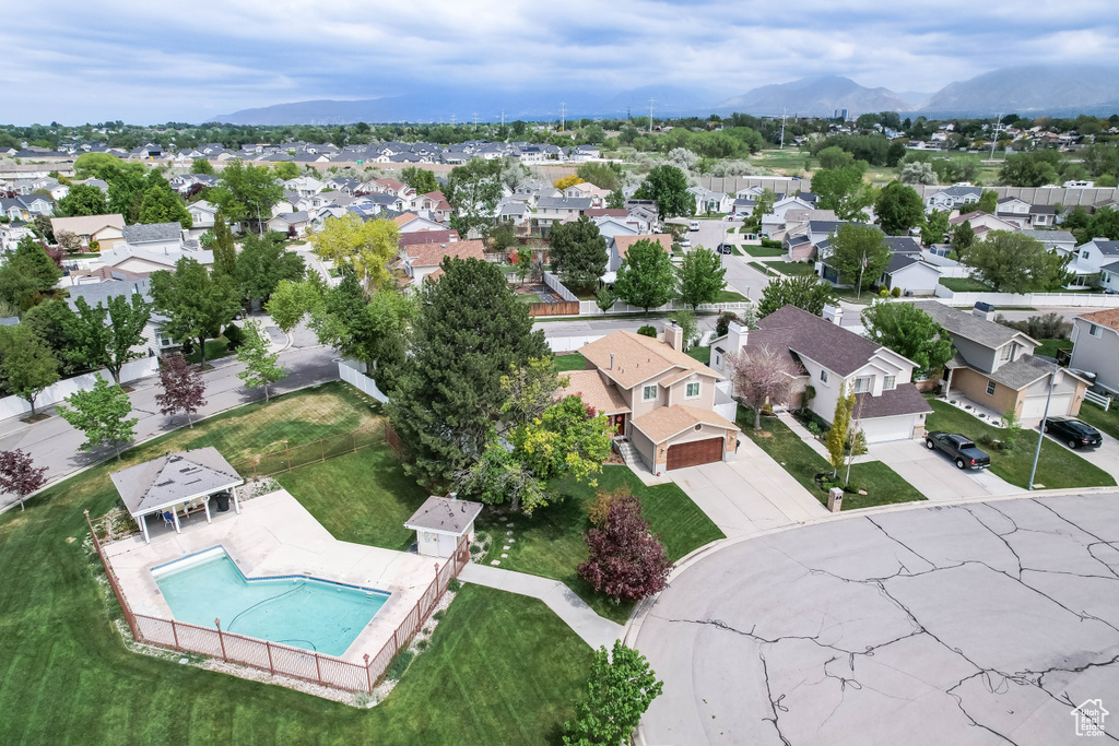 Aerial view featuring a mountain view and a residential view