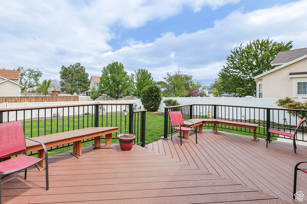 Wooden terrace featuring a yard and a fenced backyard