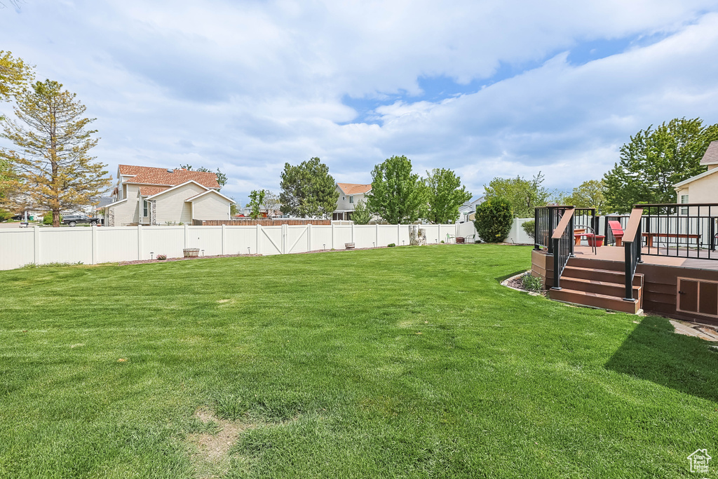 View of yard featuring a deck and a fenced backyard