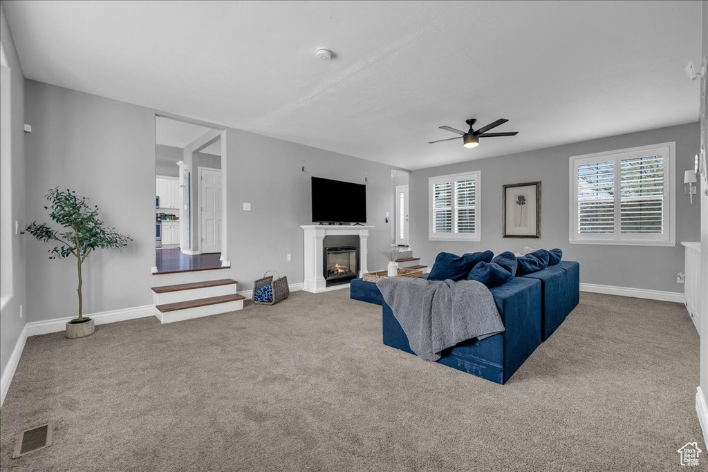 Carpeted living room with ceiling fan, a glass covered fireplace, and baseboards
