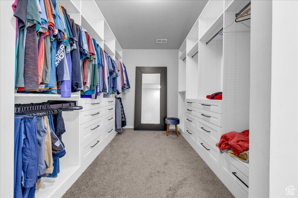 Walk in closet with light colored carpet