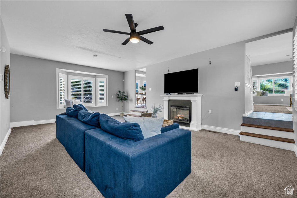 Living area featuring carpet flooring, a ceiling fan, baseboards, and a glass covered fireplace