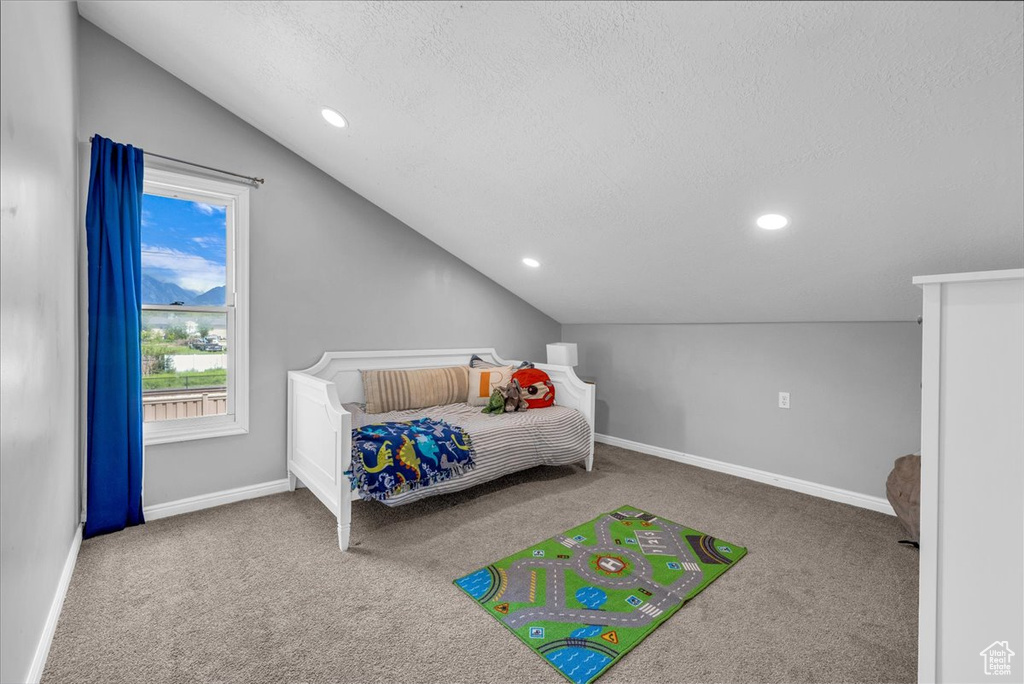 Bedroom with vaulted ceiling, carpet, a textured ceiling, baseboards, and recessed lighting
