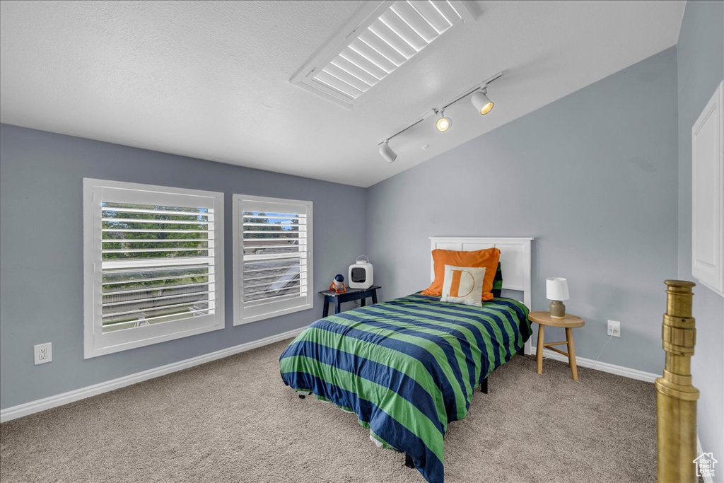 Bedroom with carpet, rail lighting, and baseboards