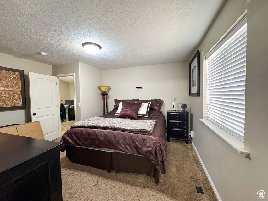 Bedroom featuring a textured ceiling, baseboards, visible vents, and carpet floors
