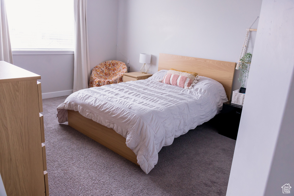 Bedroom with carpet floors and baseboards