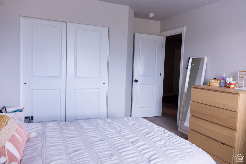 Bedroom featuring carpet floors and a closet