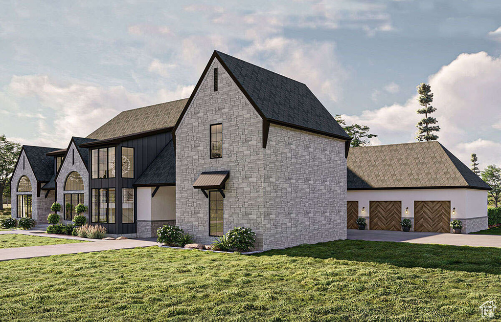 View of front facade with roof with shingles, a front lawn, stone siding, board and batten siding, and driveway