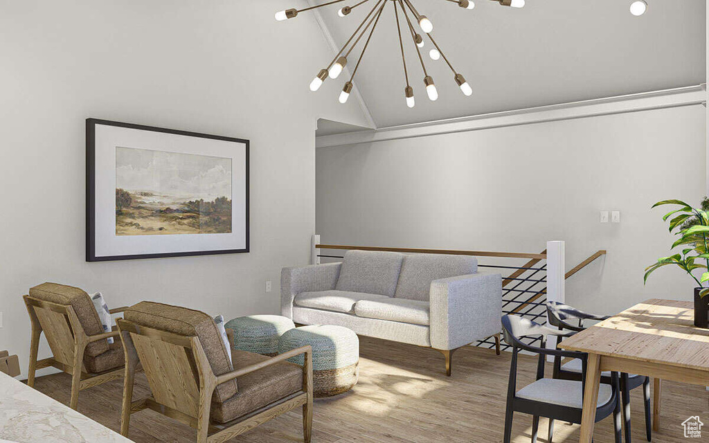 Living room featuring an inviting chandelier, lofted ceiling, and wood finished floors