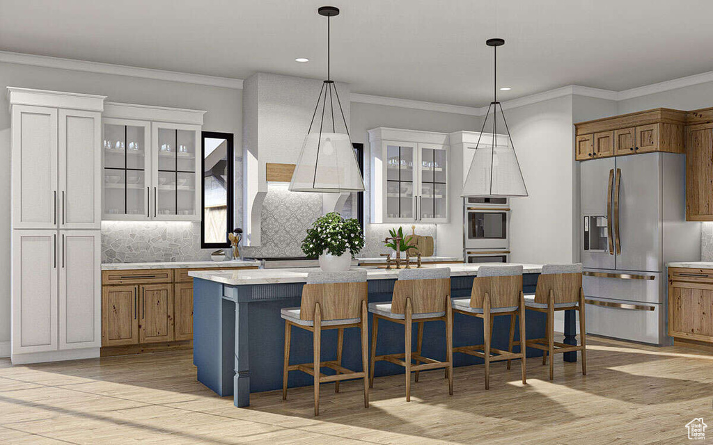 Kitchen featuring light wood-style floors, light countertops, tasteful backsplash, and stainless steel appliances