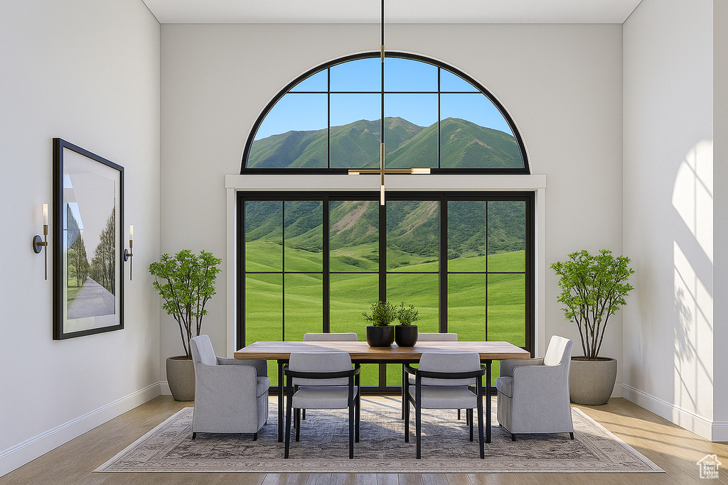 Dining room with a mountain view, wood finished floors, baseboards, and a high ceiling