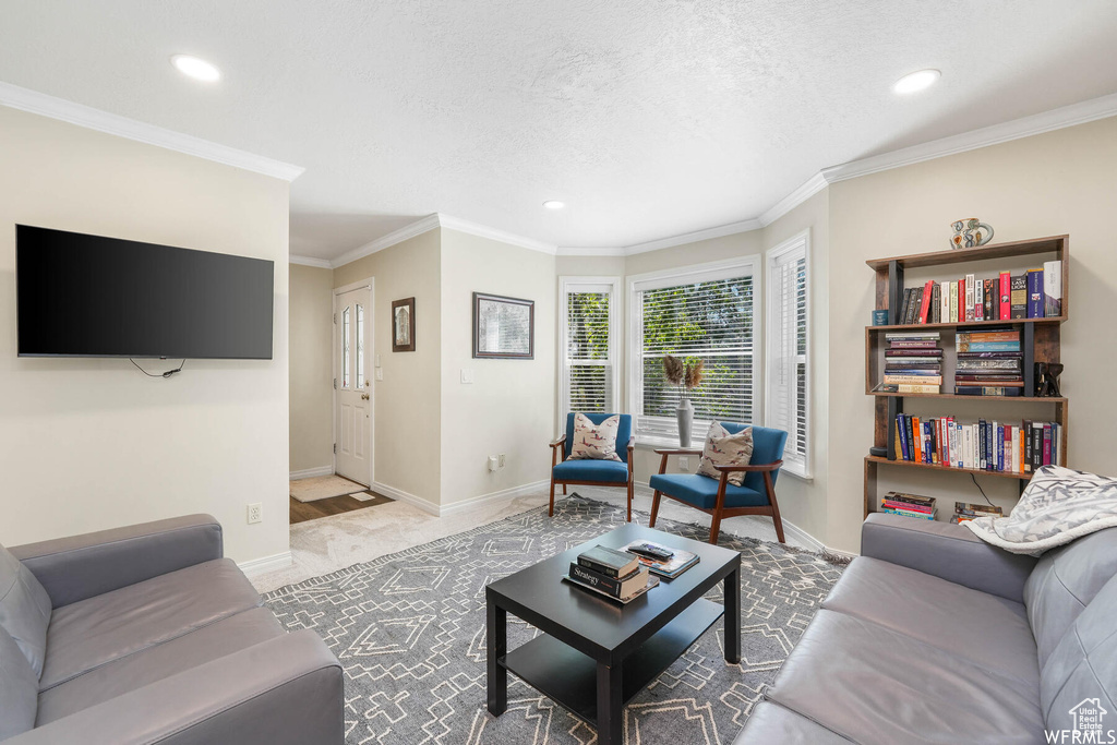 Living room with recessed lighting, carpet floors, ornamental molding, and a textured ceiling