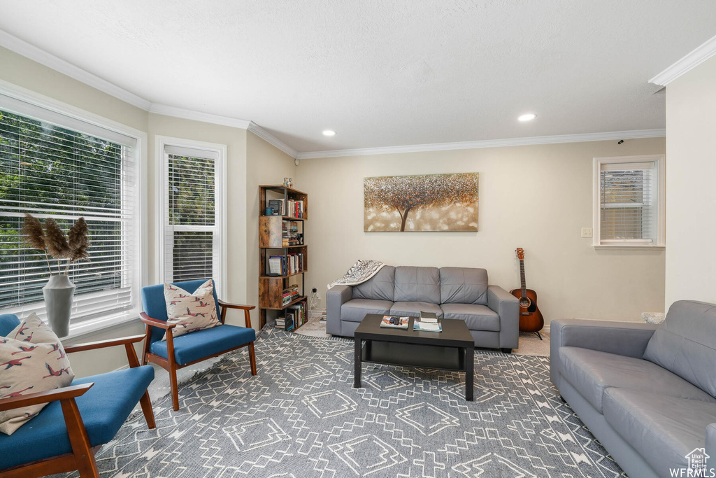 Carpeted living area featuring ornamental molding and recessed lighting