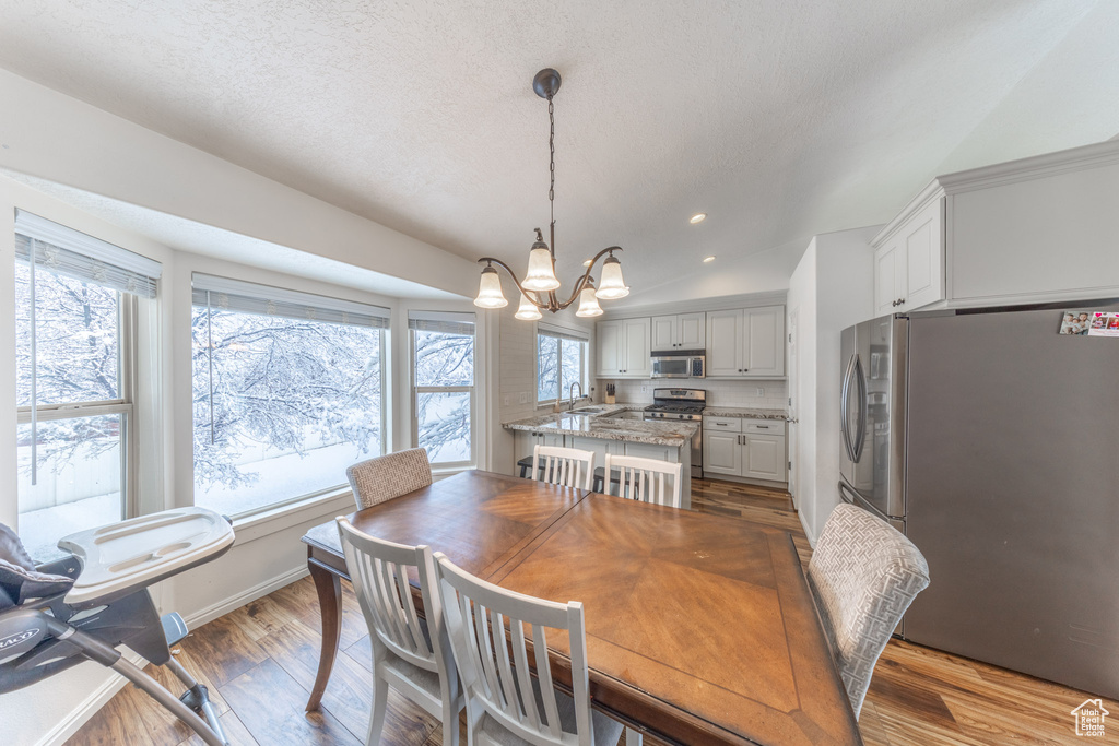 Dining room with plenty of natural light, a chandelier, light wood-style floors, and recessed lighting