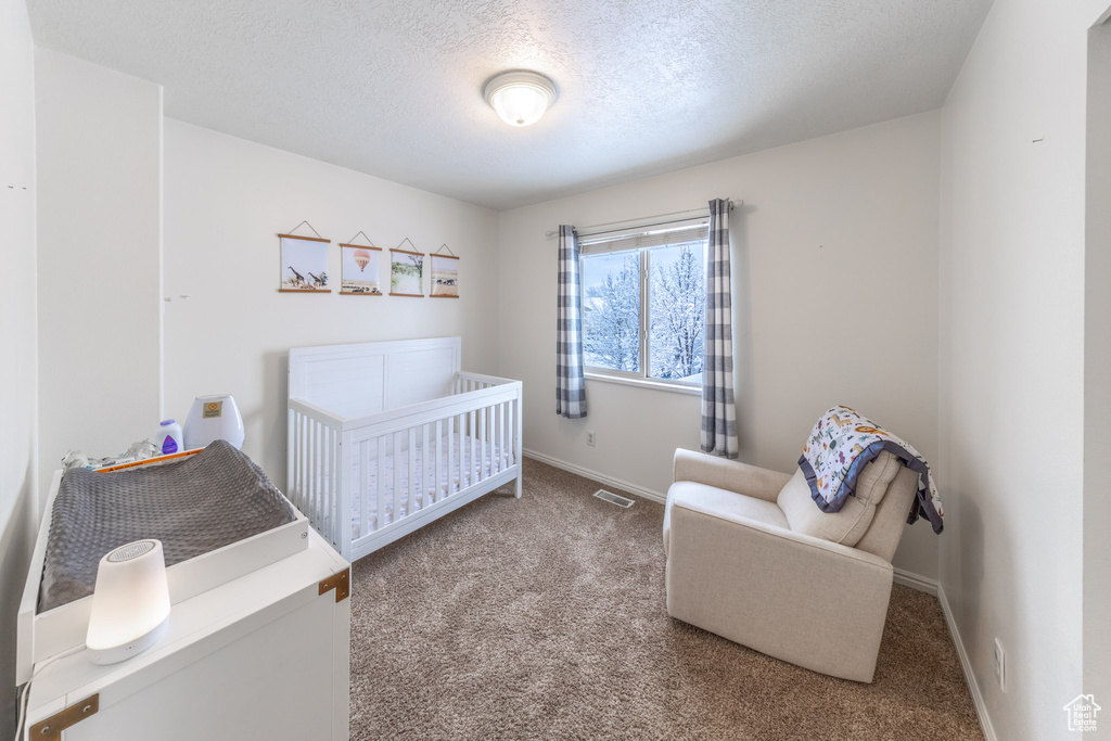 Bedroom featuring carpet floors, baseboards, a textured ceiling, and a nursery area