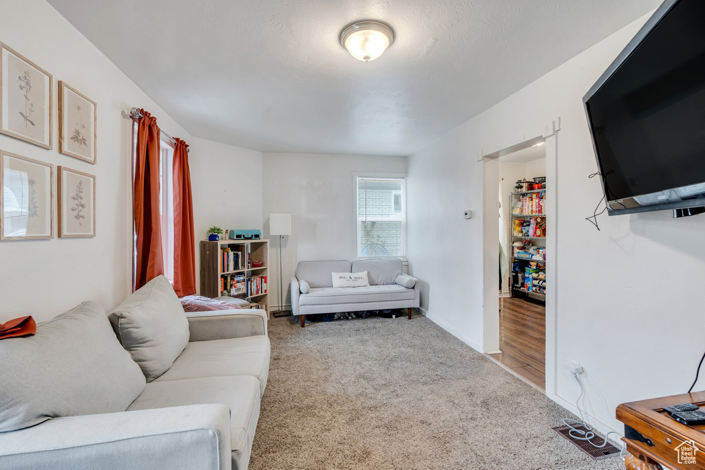 Carpeted living room featuring baseboards